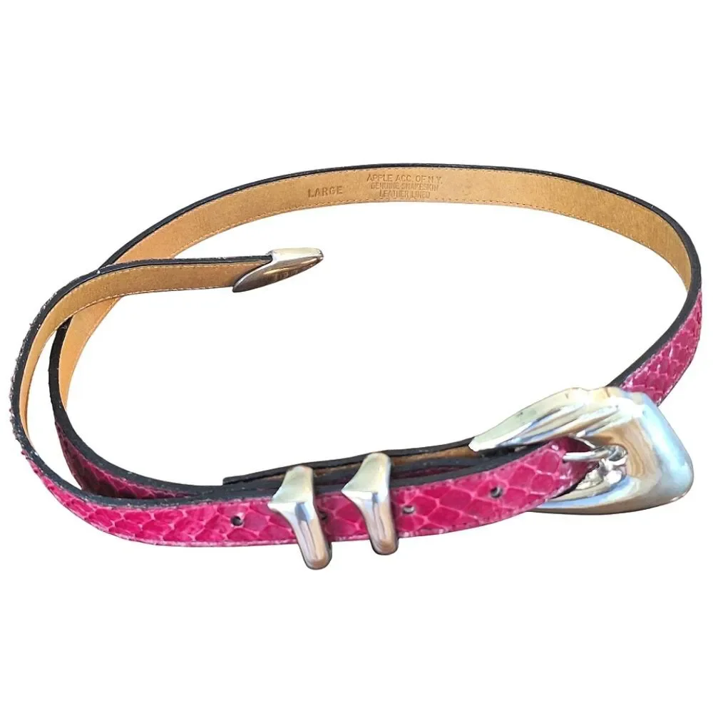 Genuine Snakeskin Belt Chrome Buckle Apple Acc of DE NY Magenta VTG 1970s Sz L